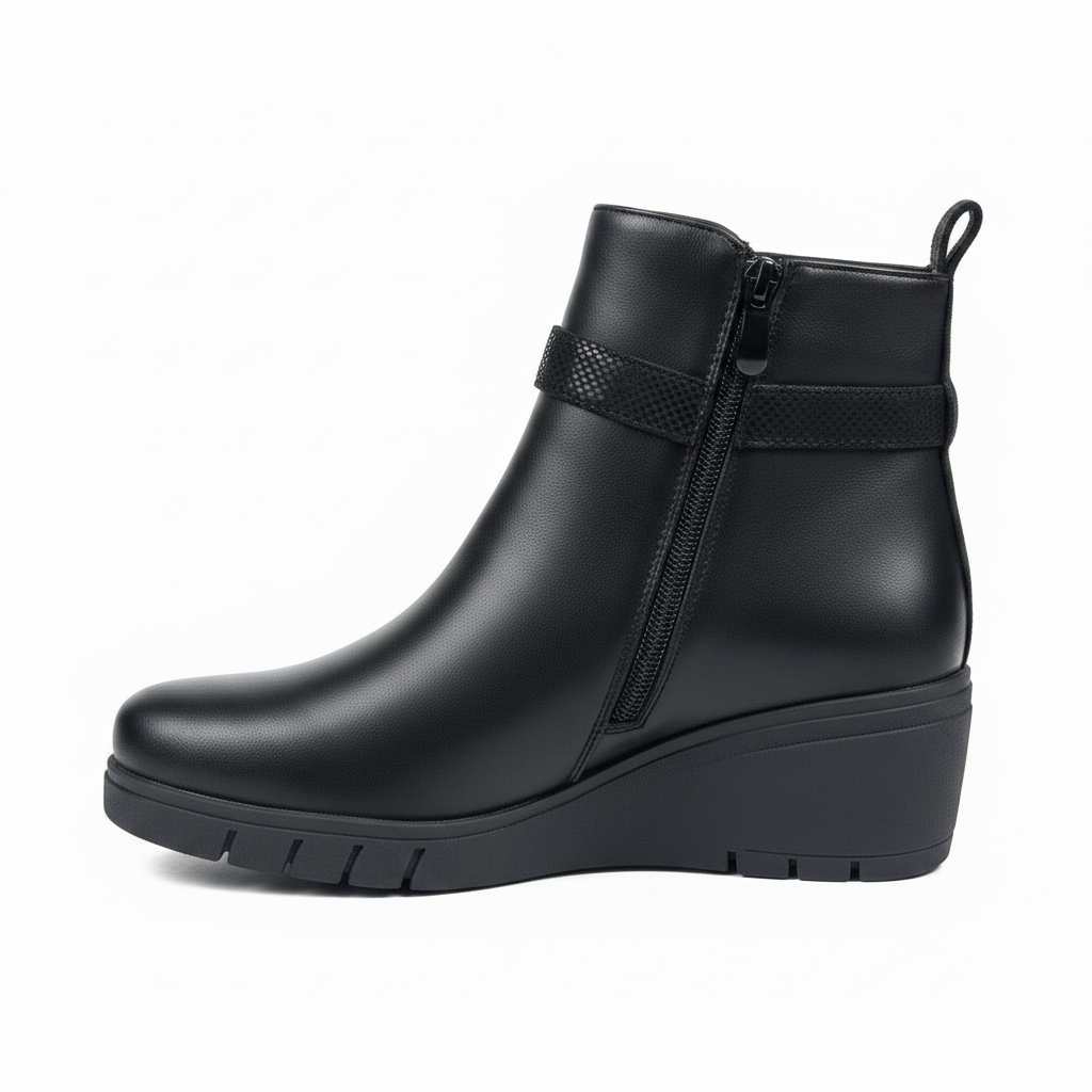 Botín negro wedge correa serpiente réplica exacta - fondo blanco