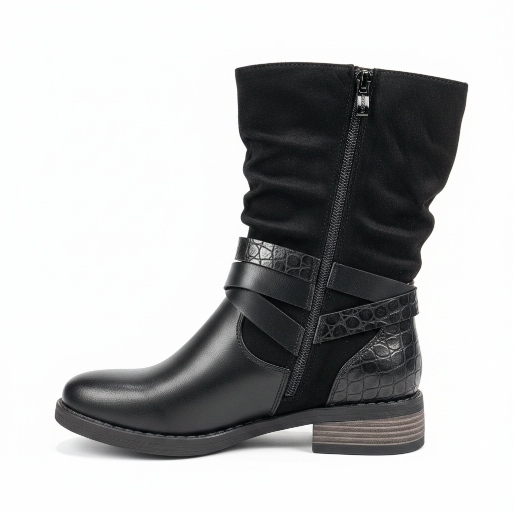 Bota negra caña media fondo blanco punta izquierda