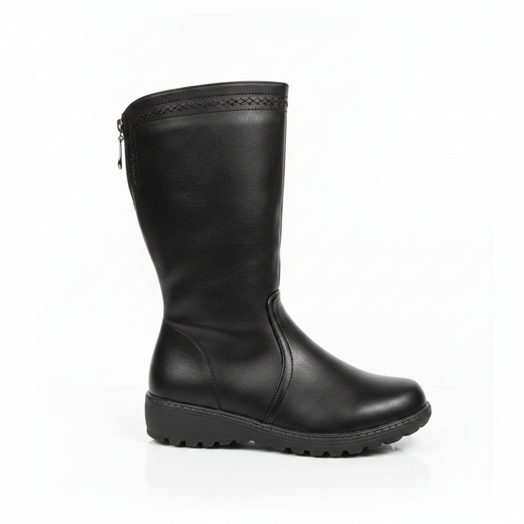Bota Caña Alta Negra con Costura Trenzada y Suela Cuña - Negro / 35