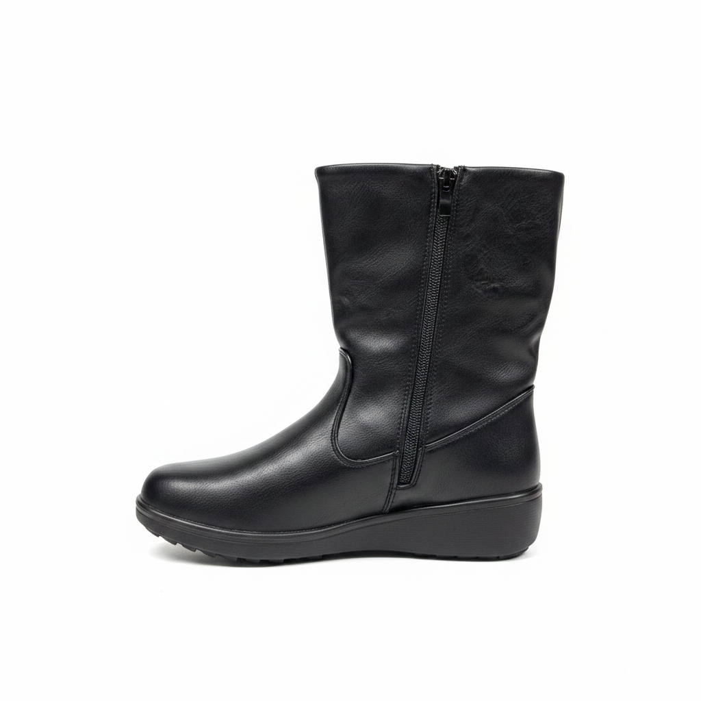 Bota negra lisa punta izquierda fondo blanco