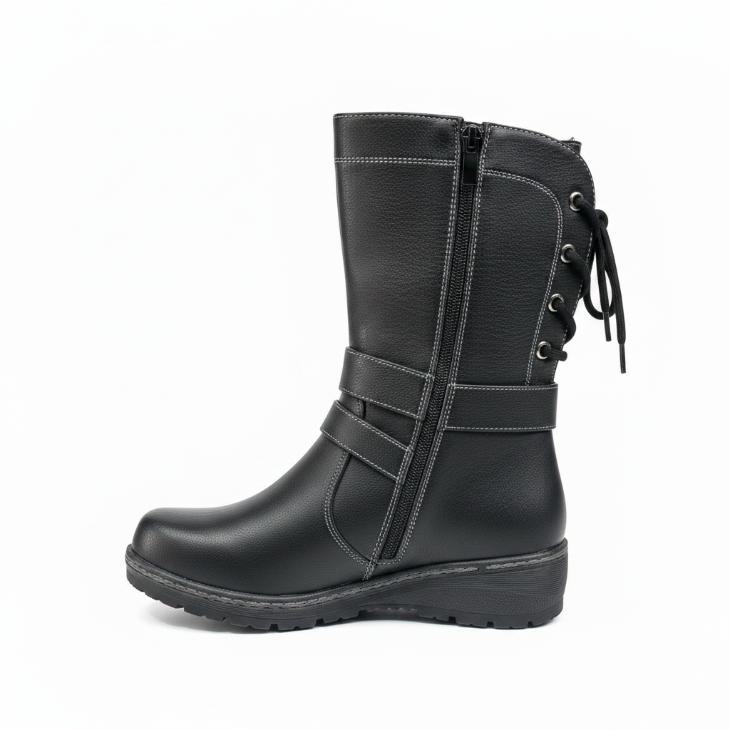 Bota negra punta izquierda fondo blanco