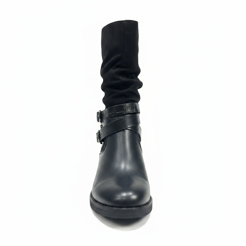 Bota negra vista frontal fondo blanco