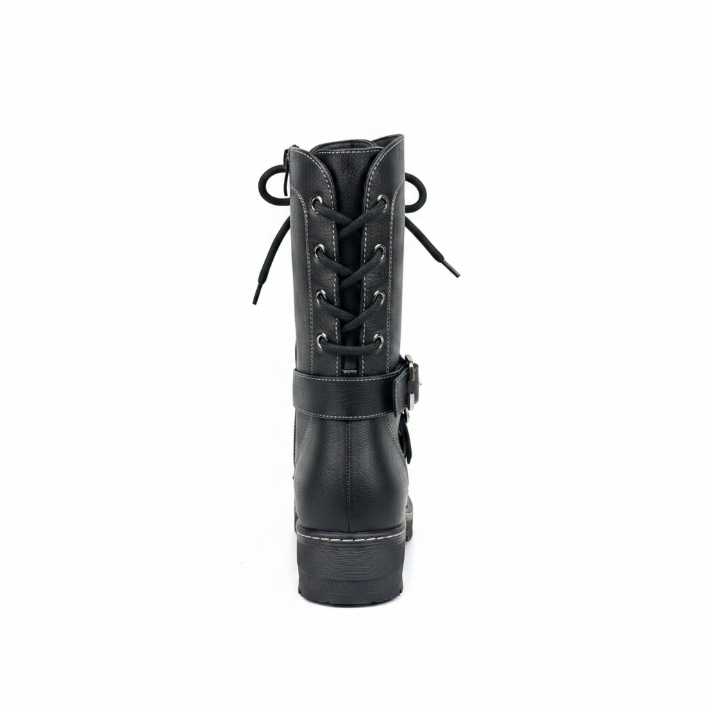 Bota negra vista trasera con cordón prominente