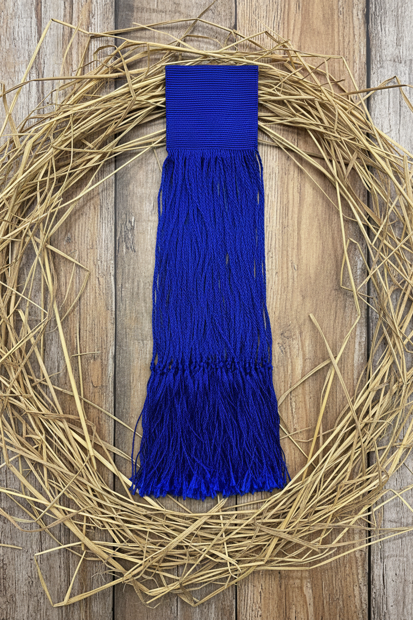 Chasquilla azul sobre madera y paja