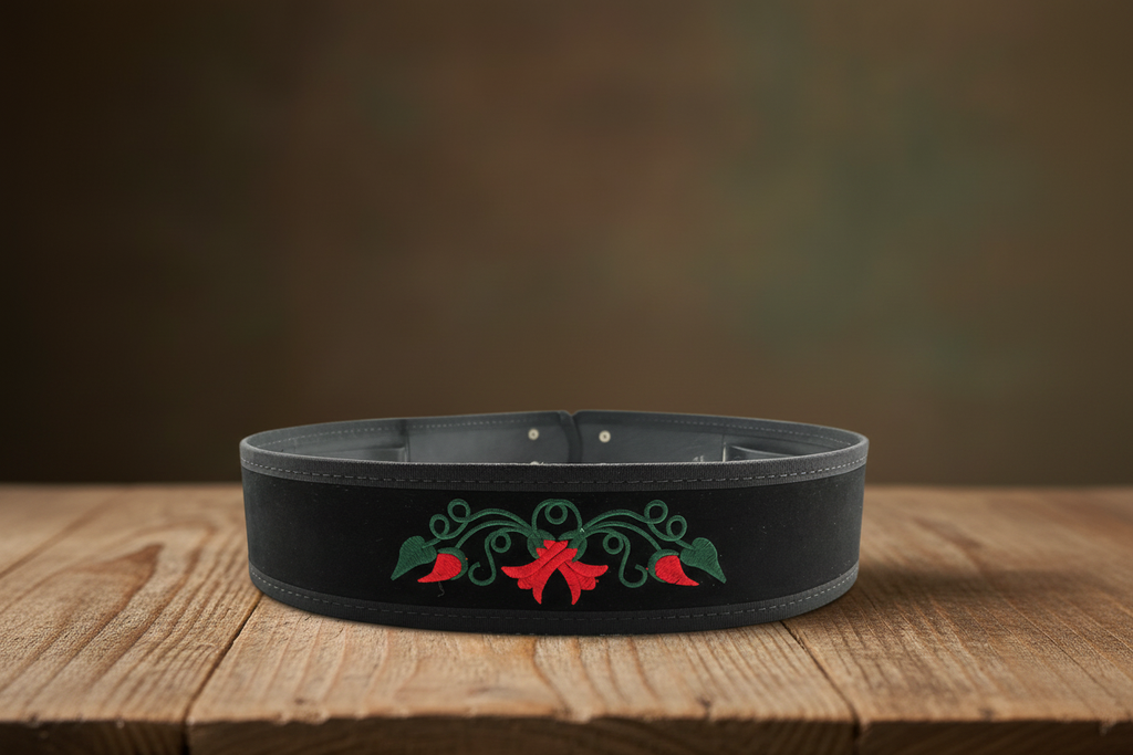 Cinturón negro flores rojas con fondo mesa rústica