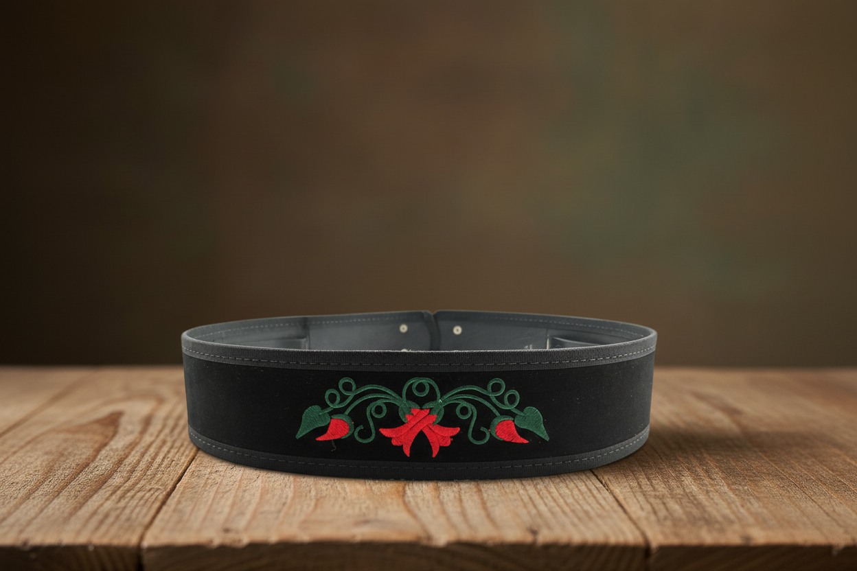 Cinturón negro flores rojas con fondo mesa rústica