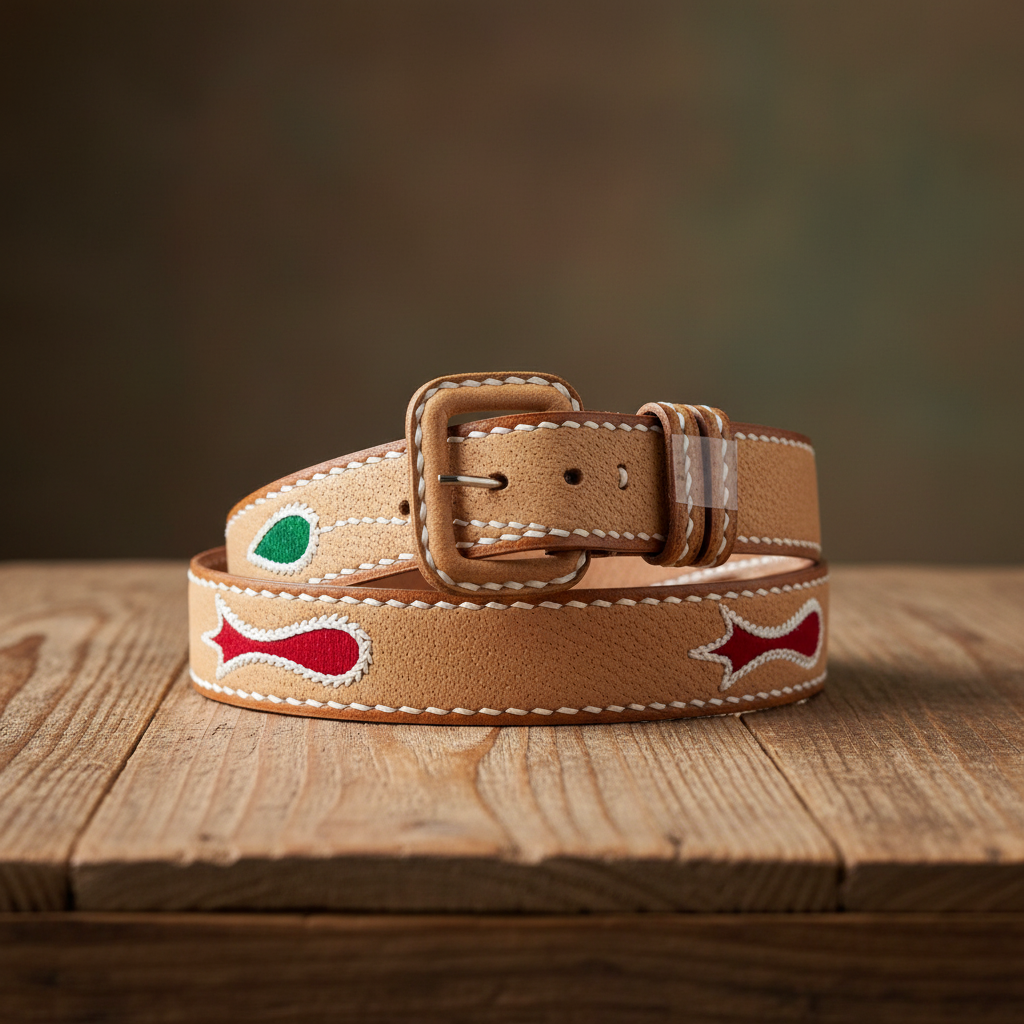 Cinturón de cuero café con bordado multicolor - Adulto