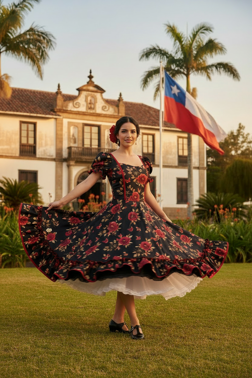 Huasa con vestido negro y rosas rojas
