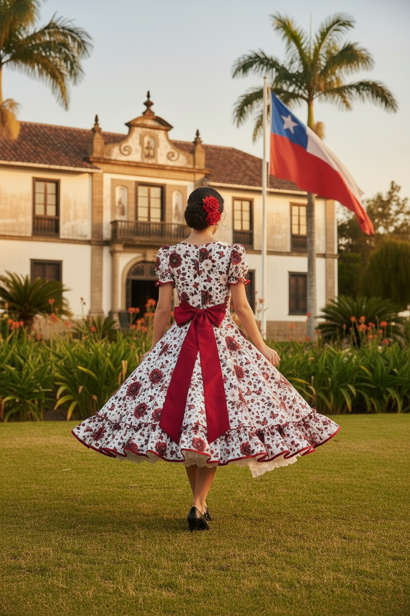 Huasa de espaldas con vestido floral