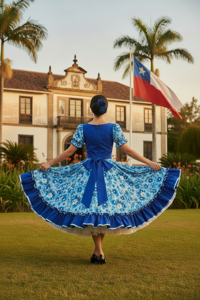 Huasa de espaldas - Vestido azul floral