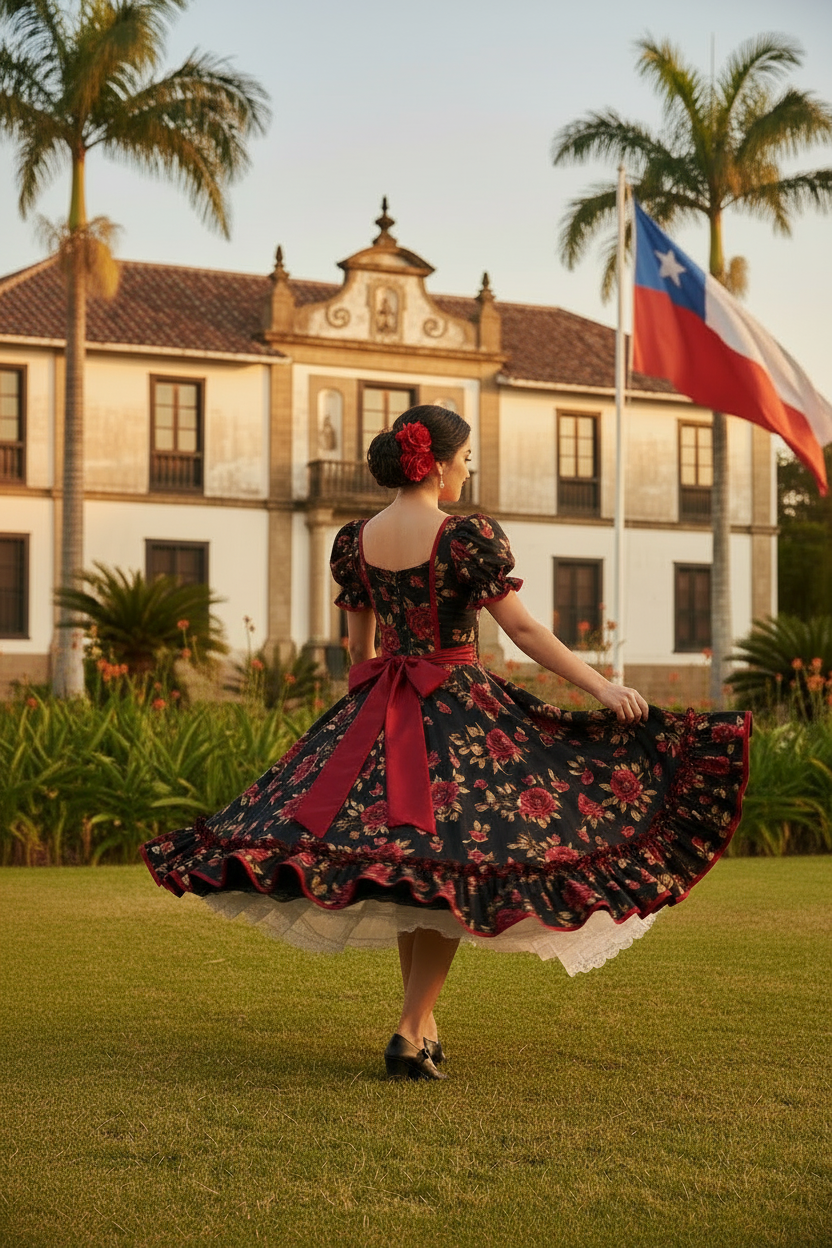 Huasa de espaldas vestido negro rosas