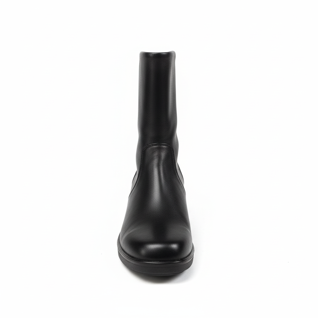 Bota negra minimalista vista frontal fondo blanco