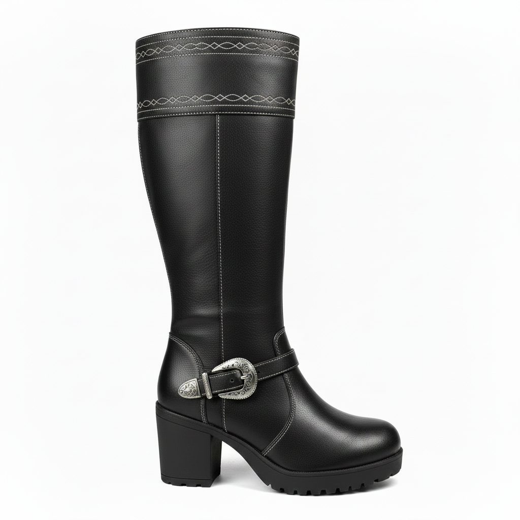 Bota Caña Alta Negra con Costuras Decorativas - Negro / 35