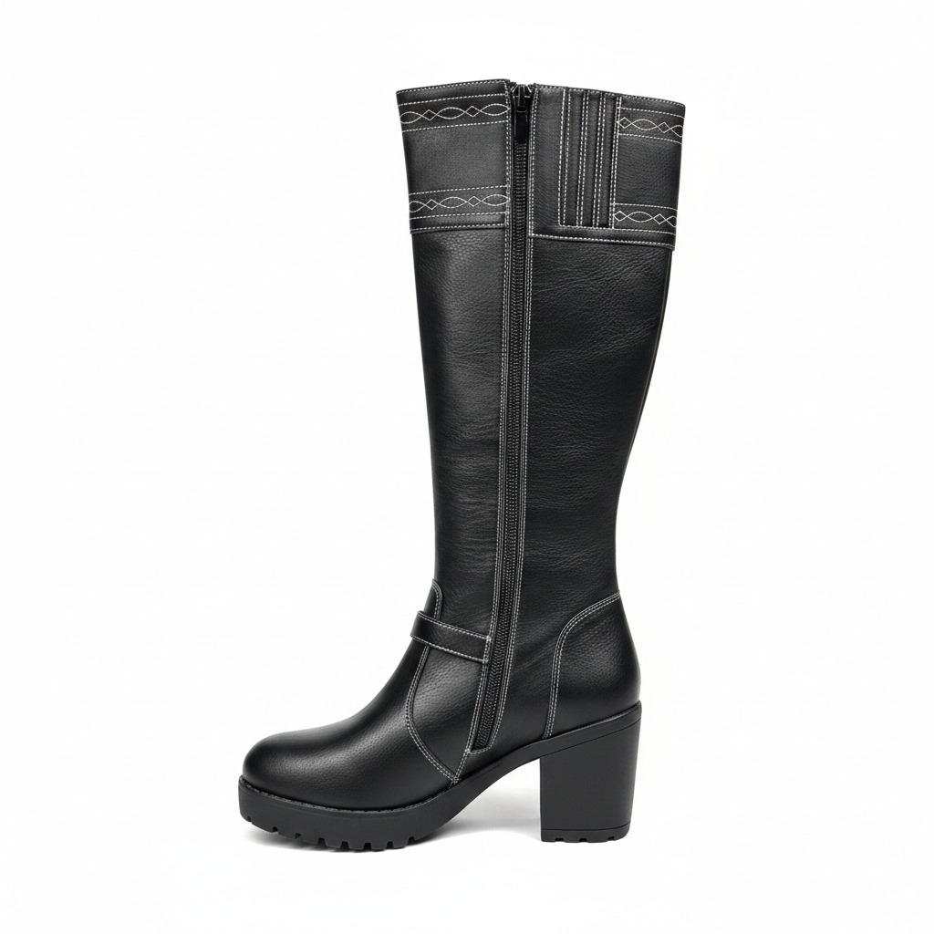 Bota Caña Alta Negra con Costuras Decorativas