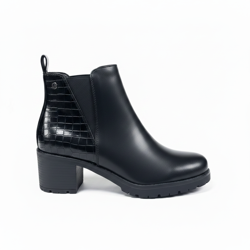 Botín chelsea negro - lateral izquierda panel cocodrilo