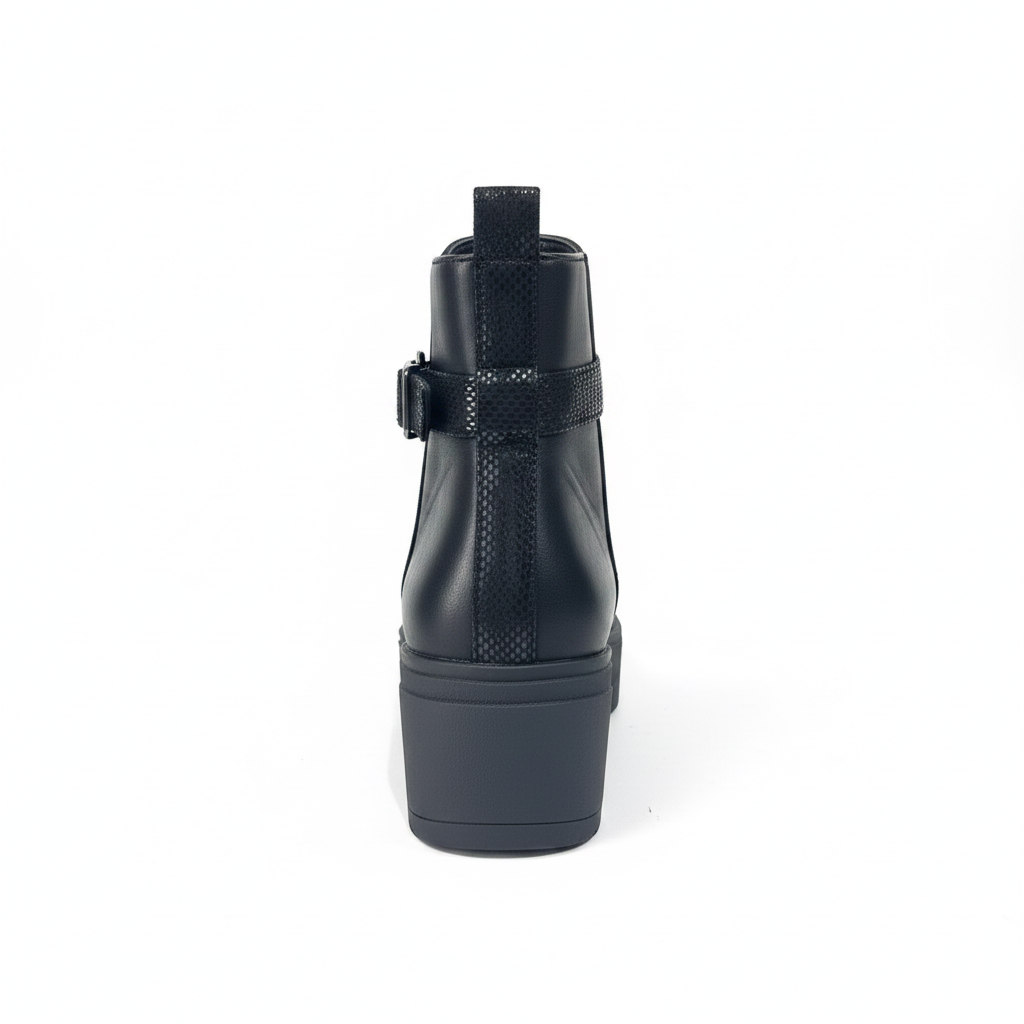 Botín negro wedge correa serpiente - vista trasera
