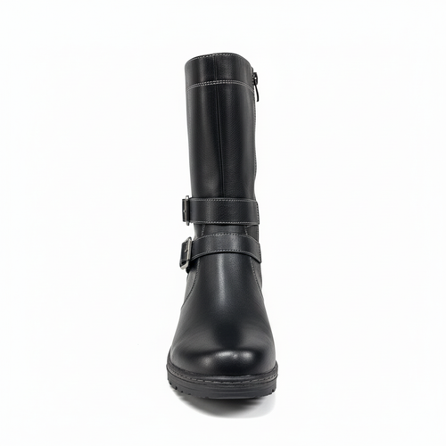 Bota biker negra corsé vista frontal fondo blanco