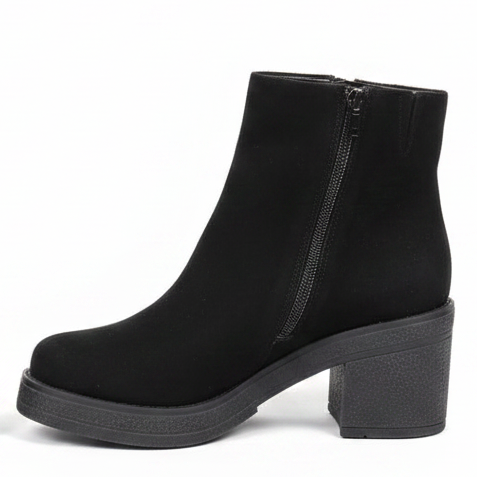 Botín Negro Nubuck Tacón Bloque con Cierre Lateral