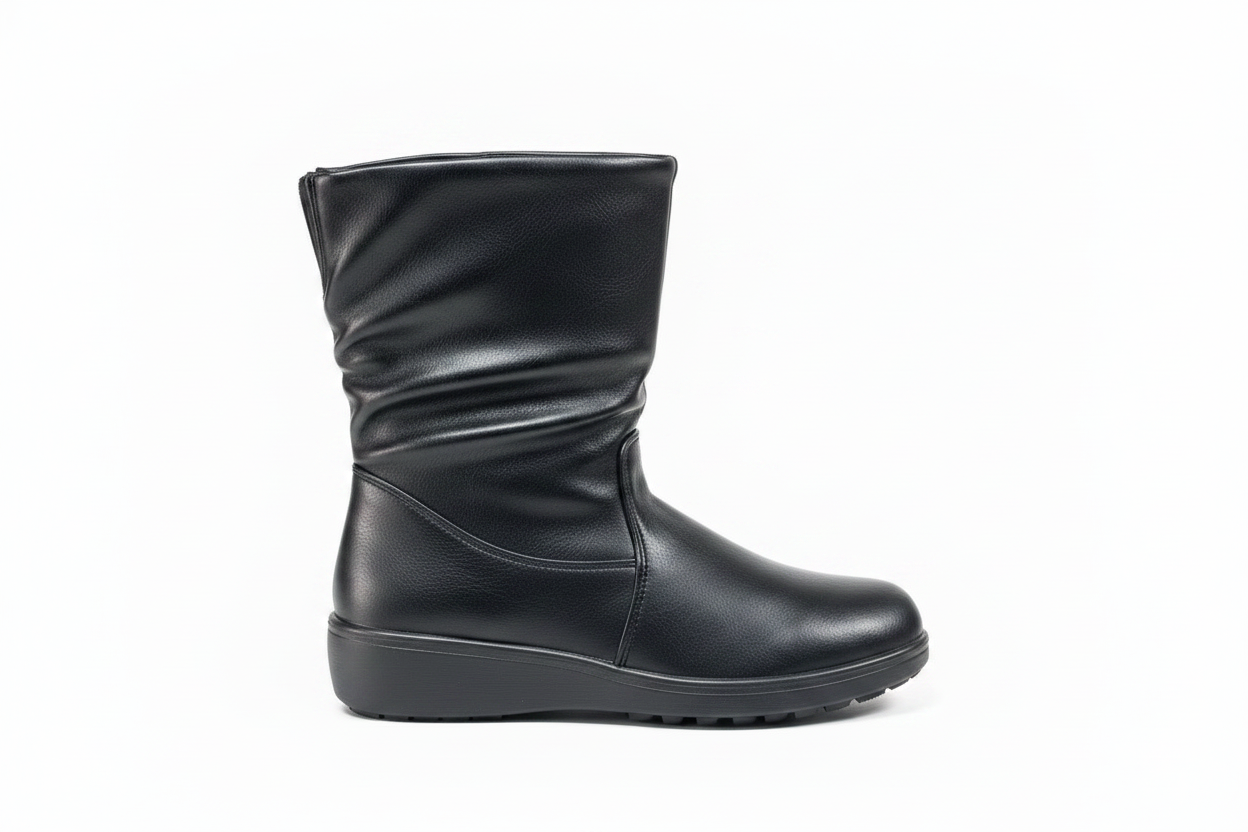 Bota negra minimalista caña fruncida slouchy fondo blanco