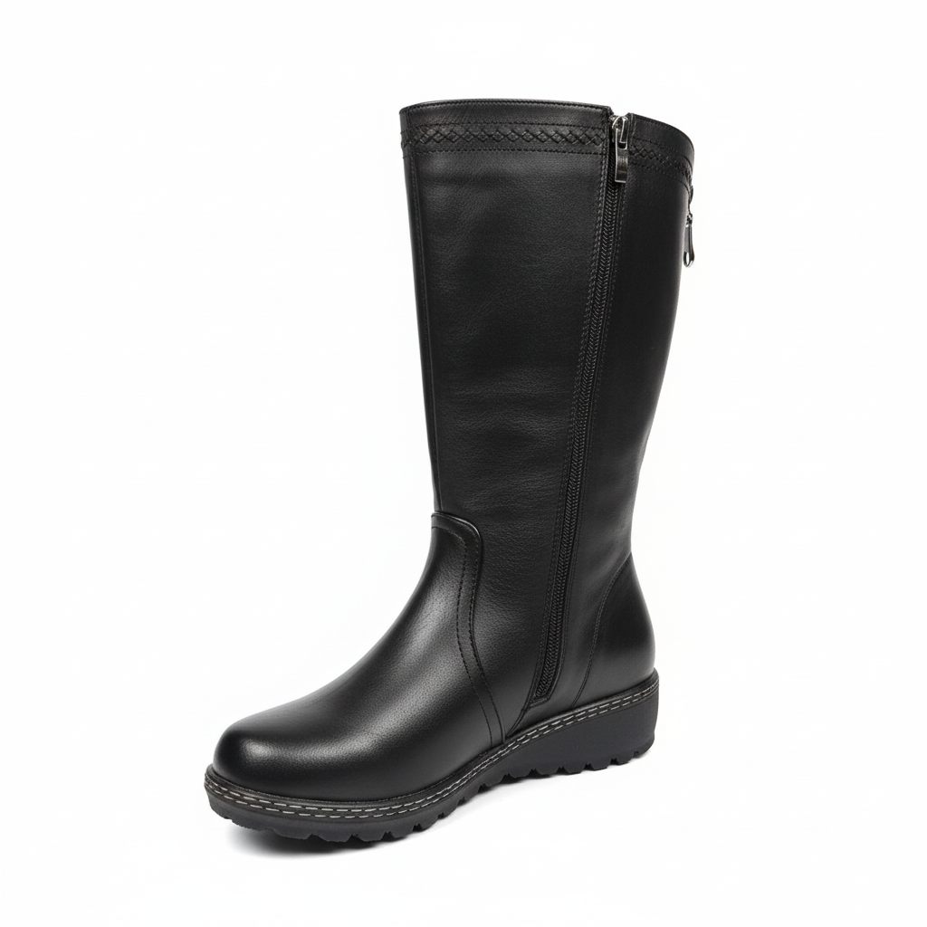 Bota caña alta negra costura trenzada vista 3/4 fondo blanco