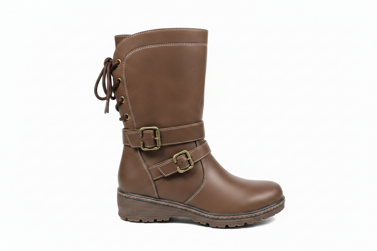 Bota Biker Café con Cordones Corsé y Doble Hebilla Dorada - Marrón / 35