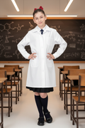 Joven con delantal en sala de clases