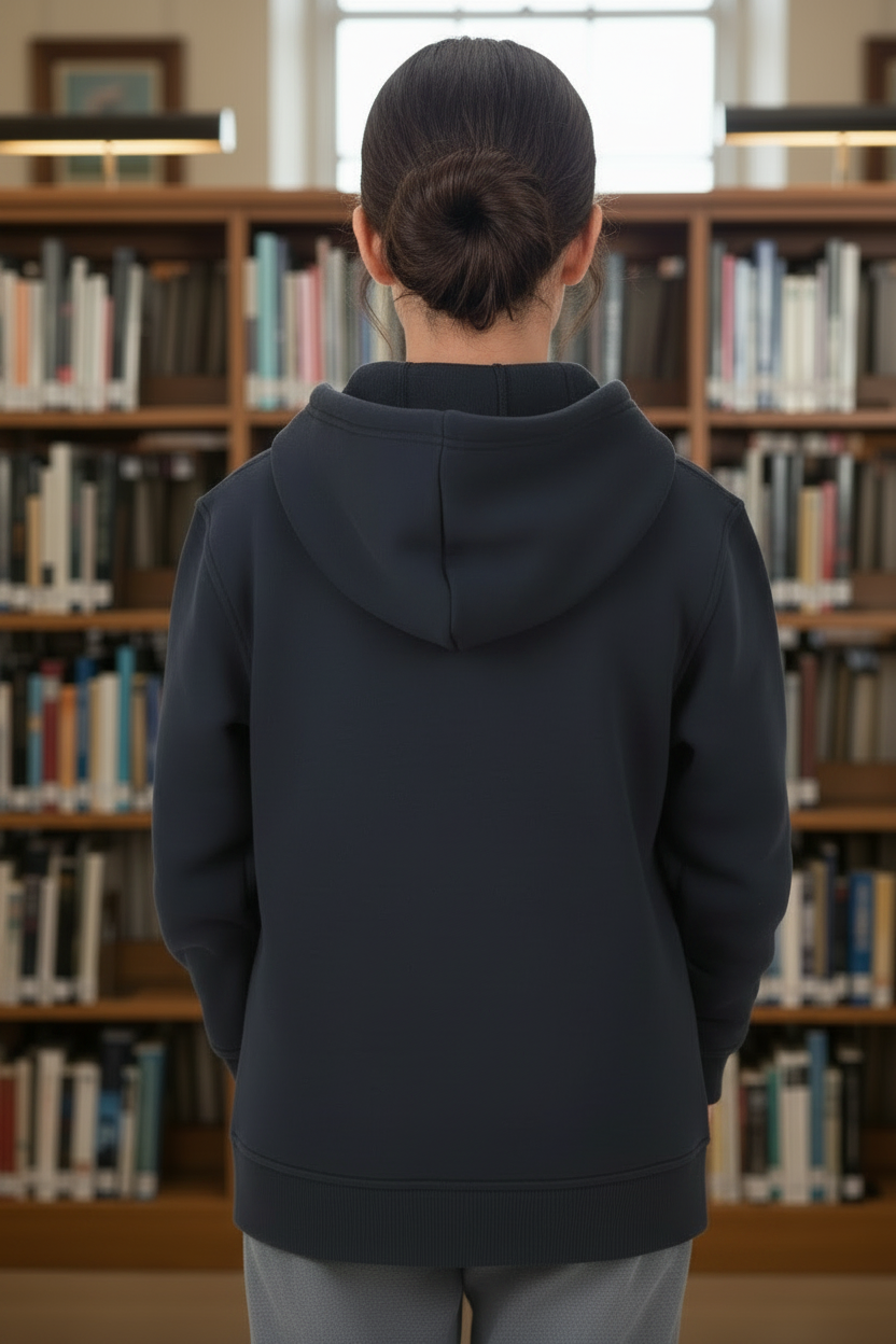 Joven con moño y poleron azul de espaldas — biblioteca escolar