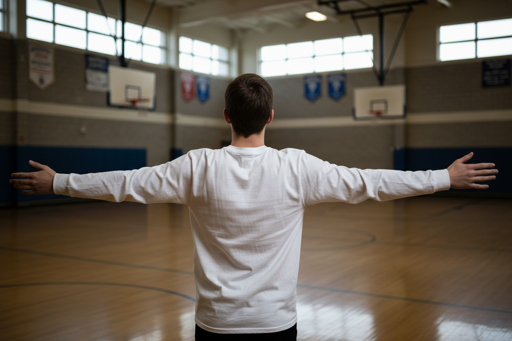 Joven de espaldas con brazos estirados en gimnasio