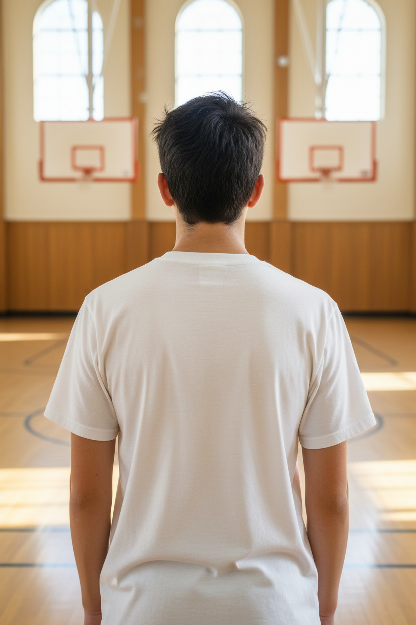 Joven de espaldas con camiseta blanca manga corta en gimnasio