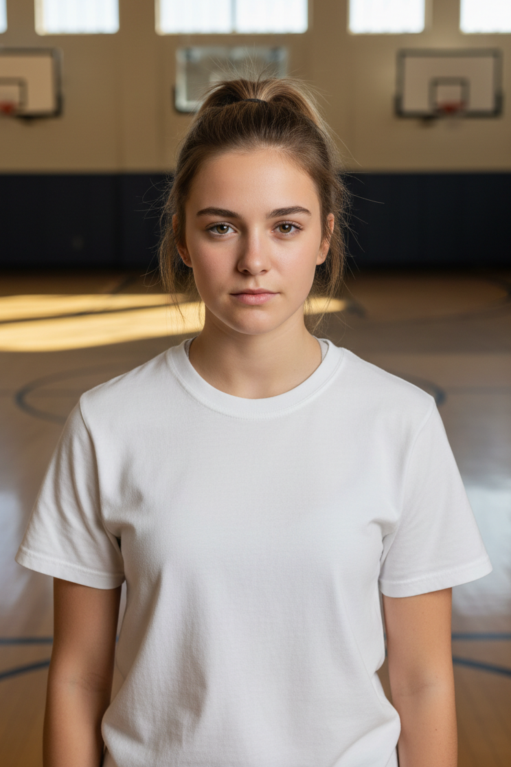 Joven femenina con polera blanca manga corta en gimnasio