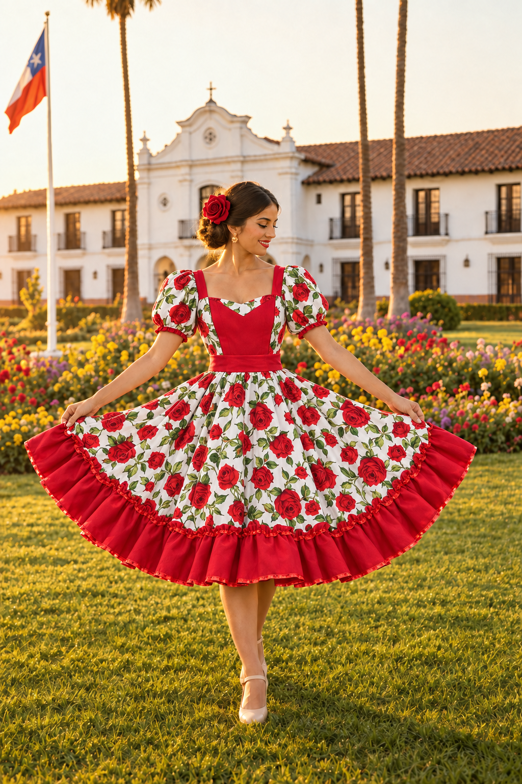Modelo con vestido rojo de rosas y rosa roja en el cabello