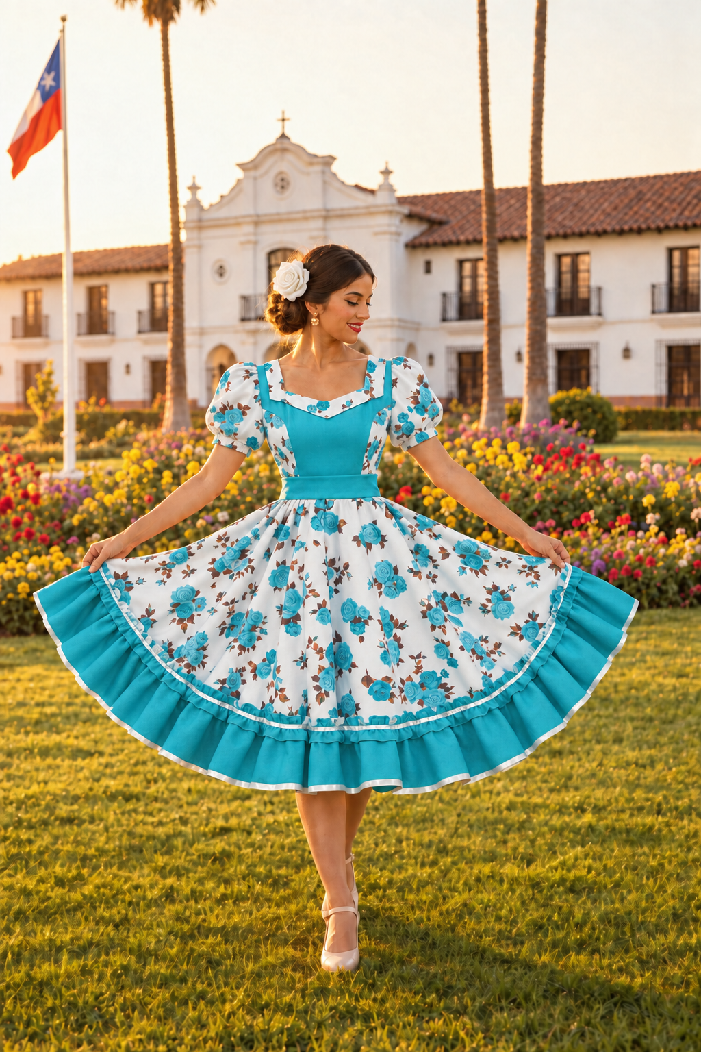 Modelo con vestido turquesa y flor blanca en el cabello