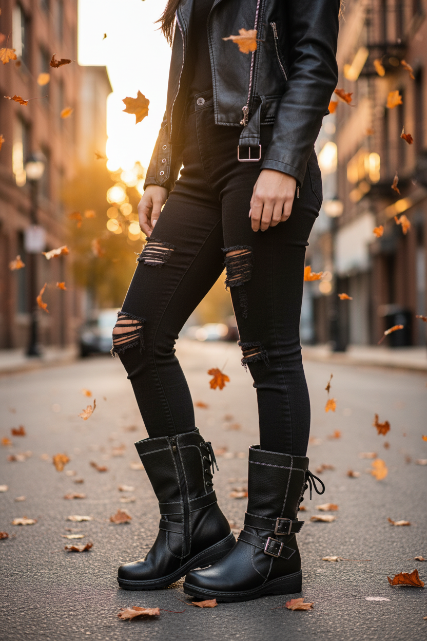 Mujer con bota biker negra corsé