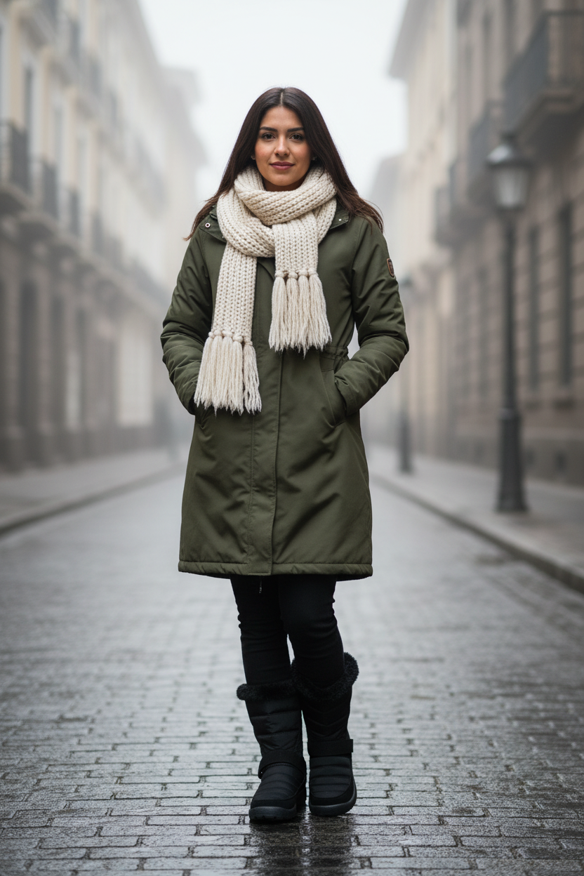 Mujer con bota de nieve acolchada negra