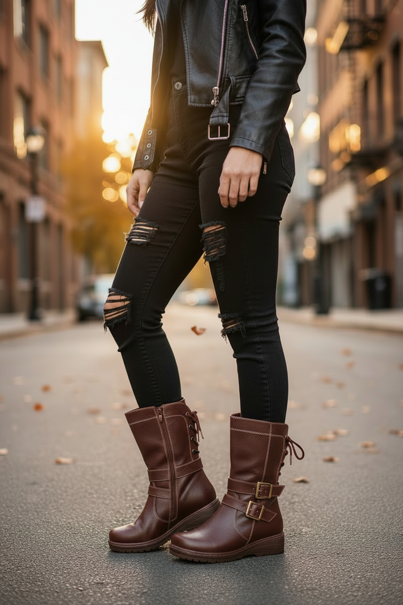 Mujer con botas biker café oscuro