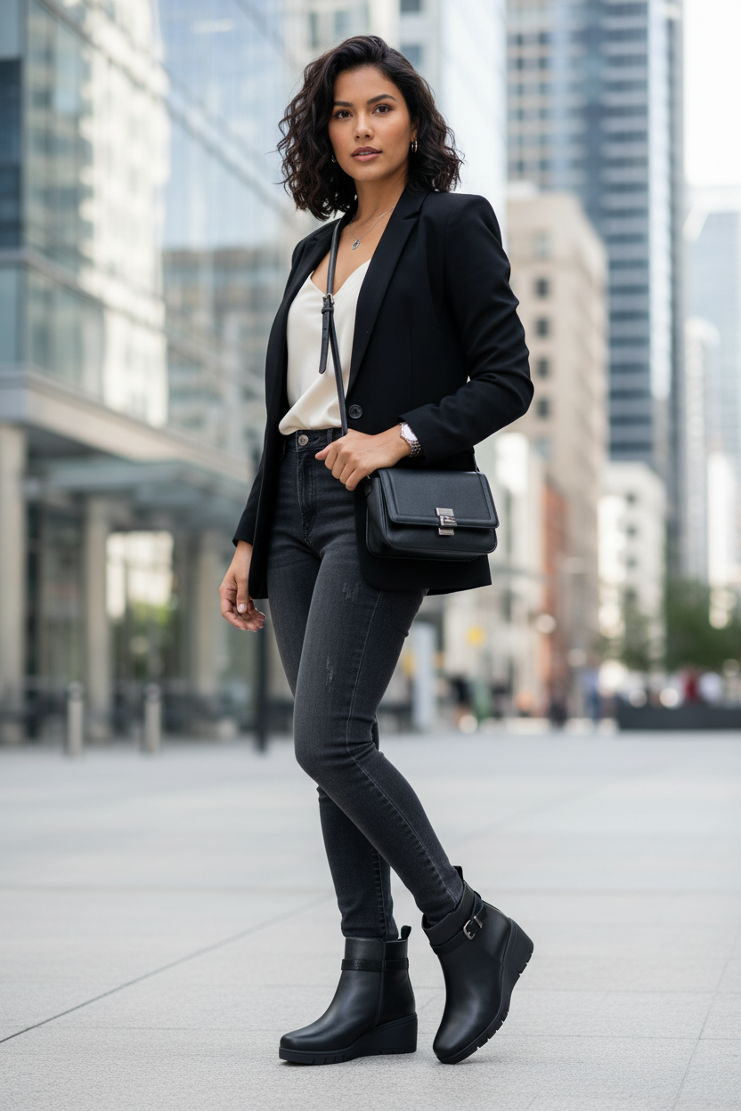 Mujer latina con botín negro con hebilla
