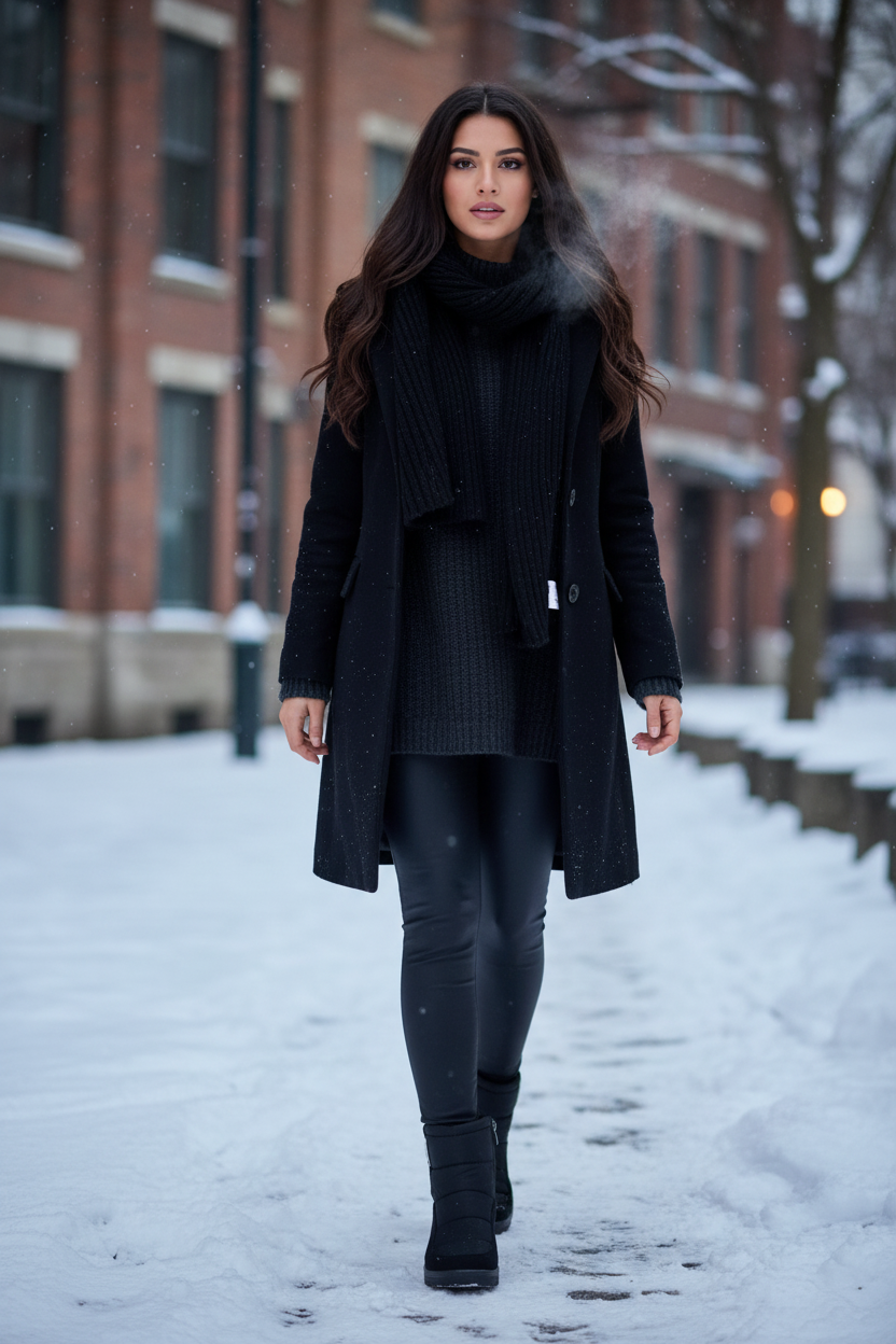 Mujer latina con botín puffer negro - fondo invernal