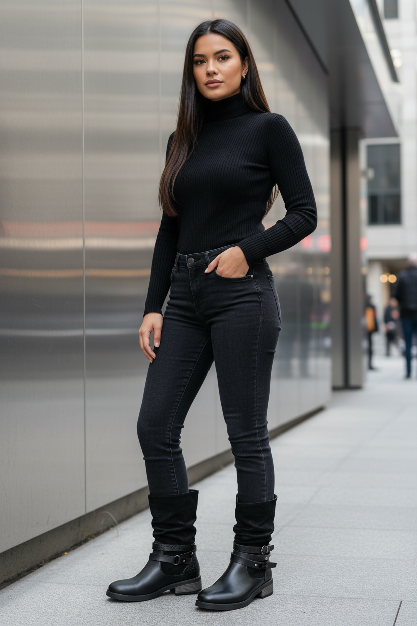 Mujer latina con bota negra caña media