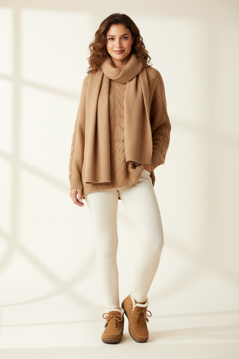 Mujer latina con botines camel sherpa