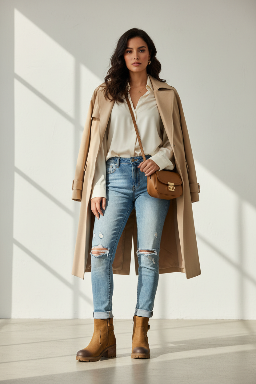 Mujer latina con botines camel
