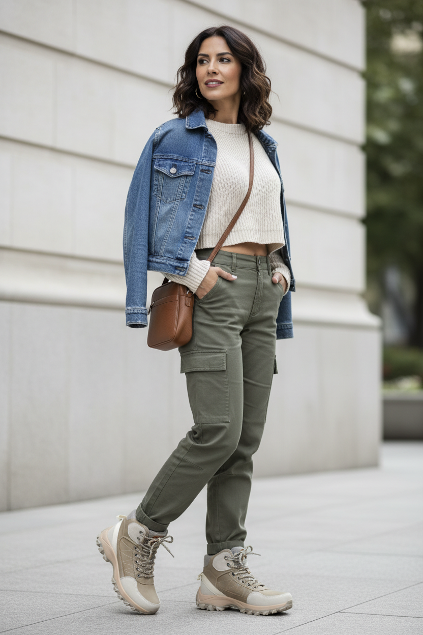 Mujer latina con zapatilla beige hiking