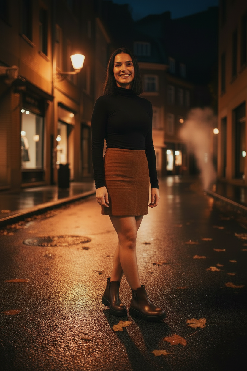 Mujer latina sonriendo falda cotele botín otoño