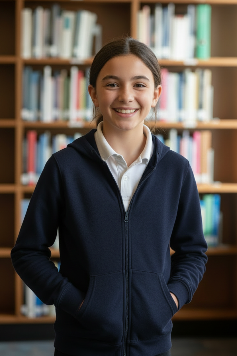 Niña con hoodie azul en biblioteca escolar