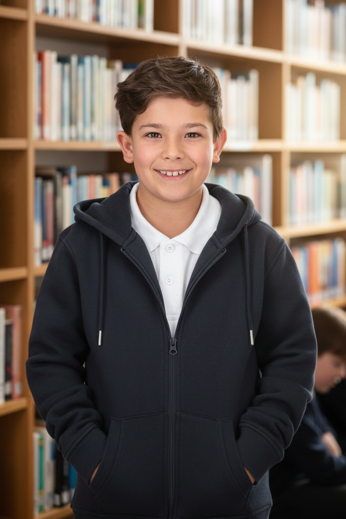Niño con hoodie azul en biblioteca escolar