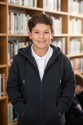 Niño con hoodie azul en biblioteca escolar