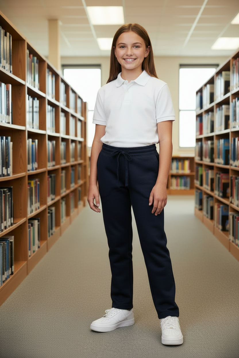 Pantalón buzo azul — versión niña, biblioteca