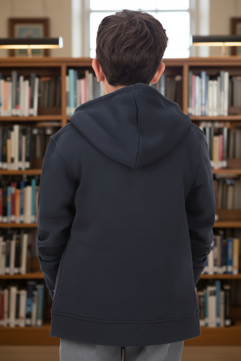 Poleron azul de espaldas — biblioteca escolar