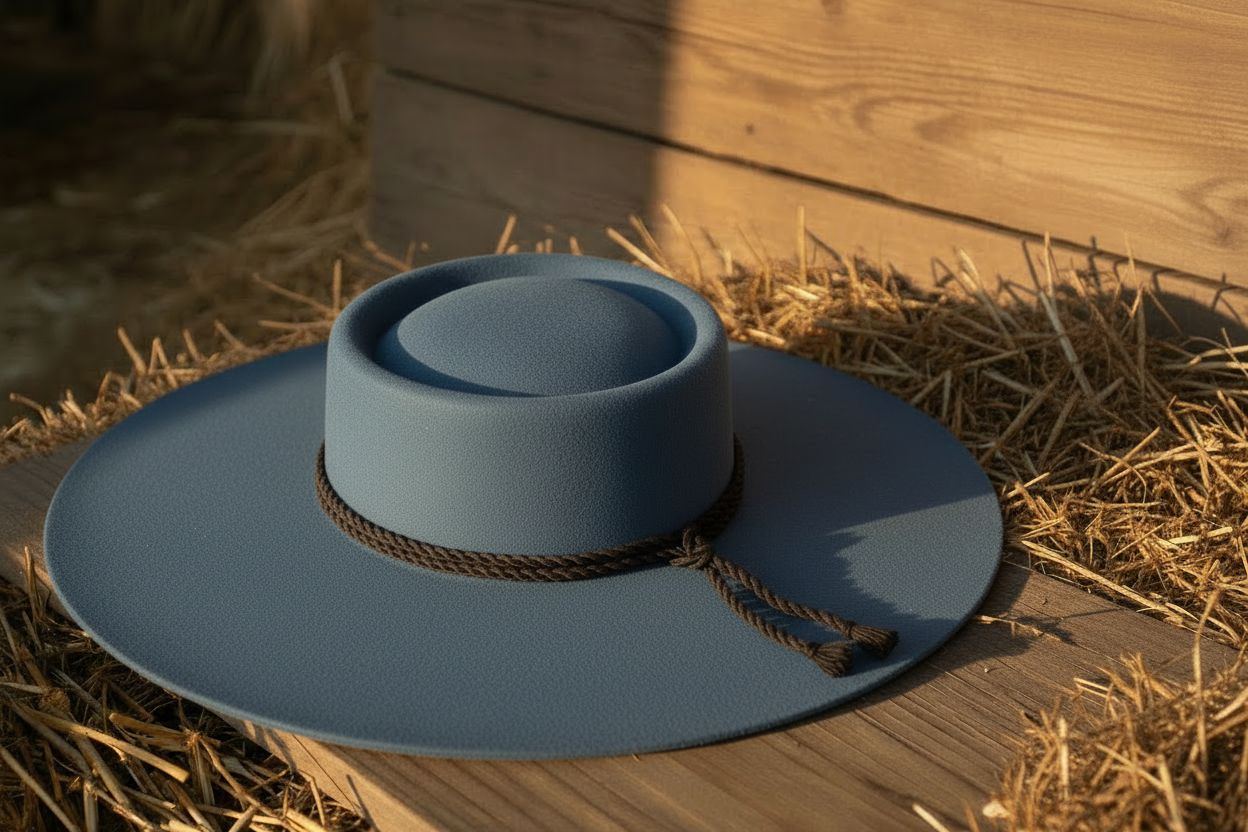 Sombrero azul con fondo de paja y madera