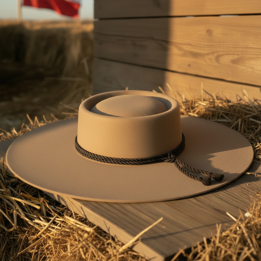 Sombrero beige con ala reducida y bandera chilena al fondo