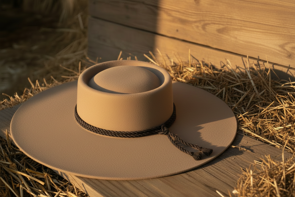 Sombrero beige con fondo de paja y madera